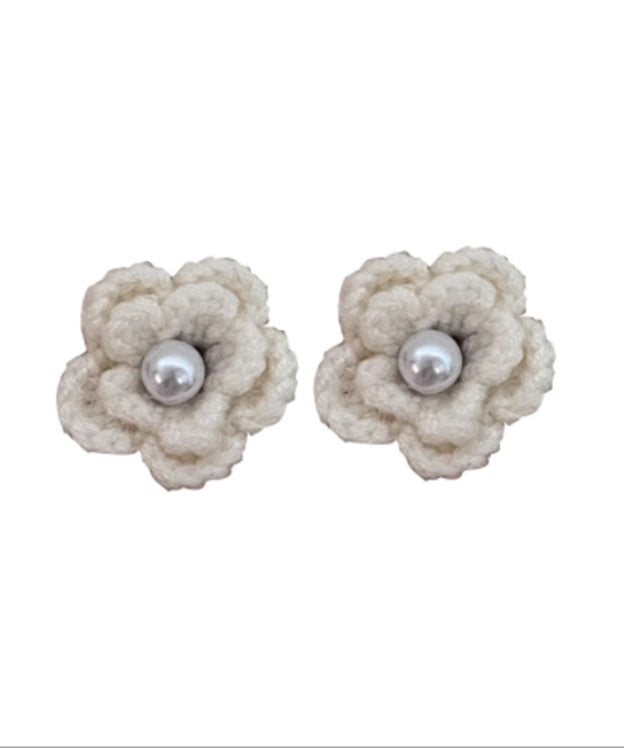 Diy White Pearl Knitting Wool Stud Earrings