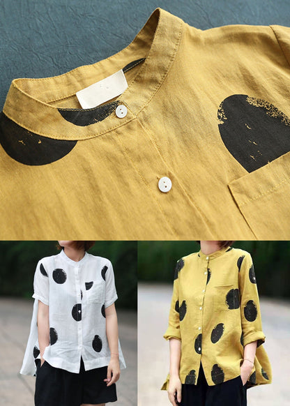 Diy White Stand Collar Dot Print Patchwork Linen Blouses Summer