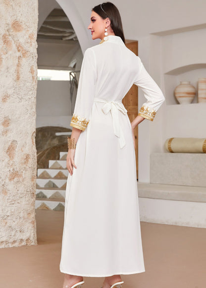 Diy White Stand Collar Lace Patchwork Vacation Maxi Dresses Long Sleeve