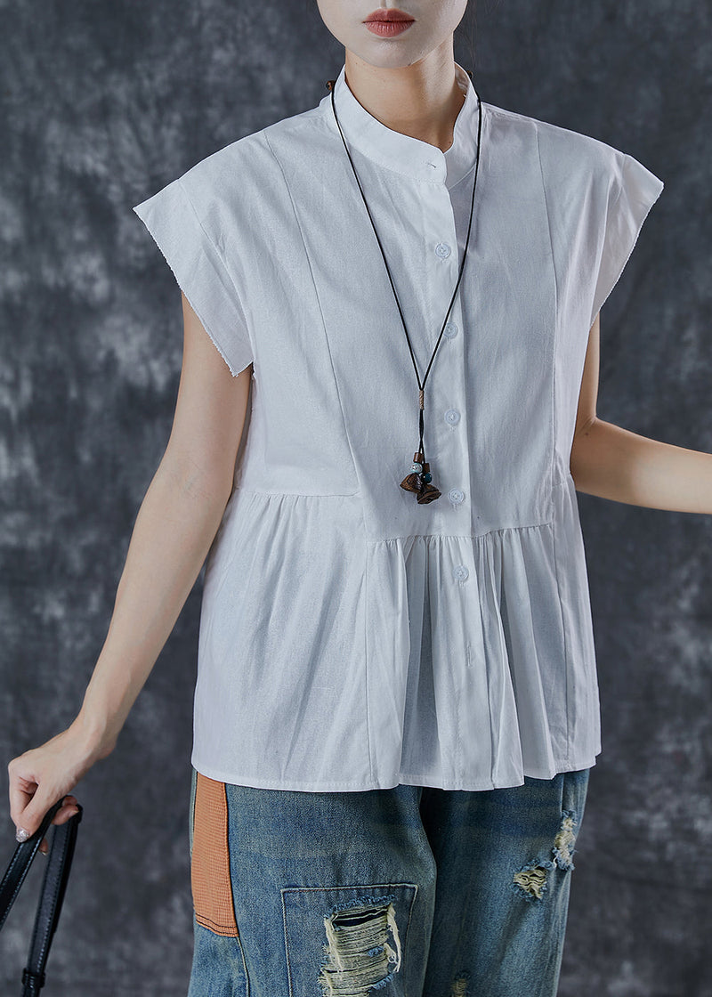 Diy White Stand Collar Patchwork Cotton Tops Sleeveless