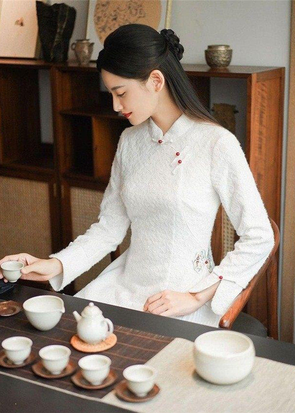 Diy White Stand Collar Patchwork Wrinkled Button Cotton Maxi Dresses Long Sleeve