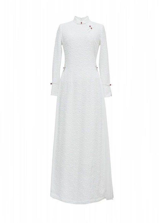 Diy White Stand Collar Patchwork Wrinkled Button Cotton Maxi Dresses Long Sleeve