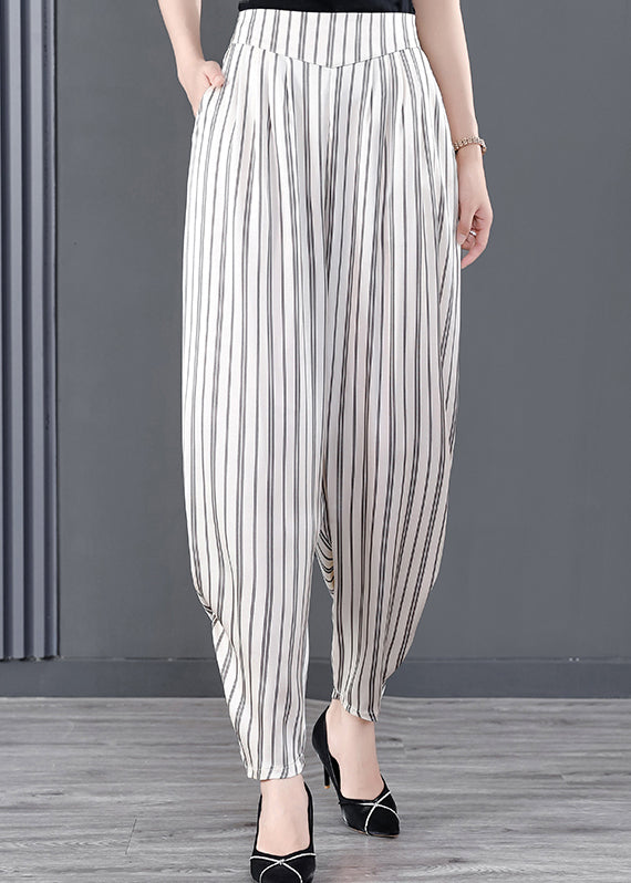 Diy White Striped Pockets Patchwork Chiffon Pants Summer