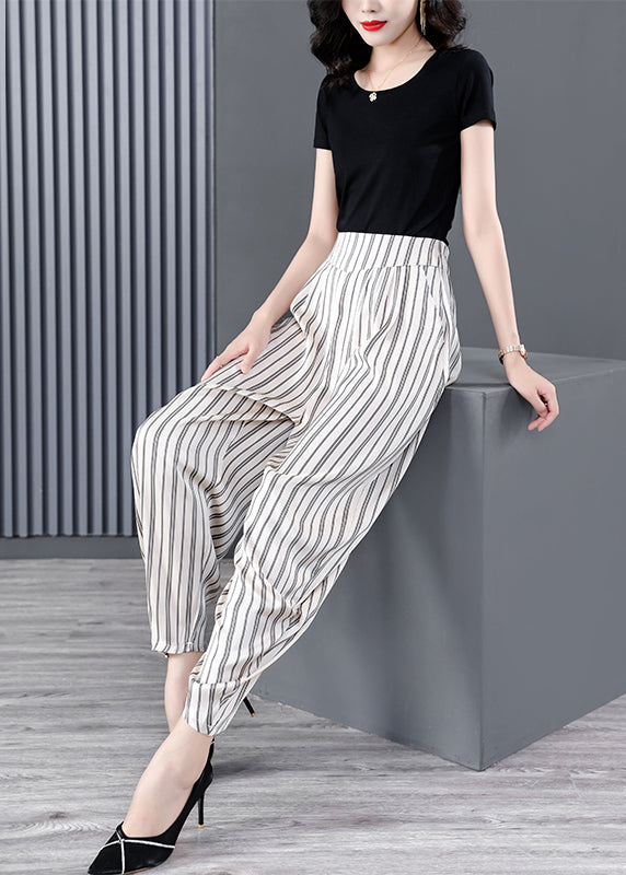 Diy White Striped Pockets Patchwork Chiffon Pants Summer