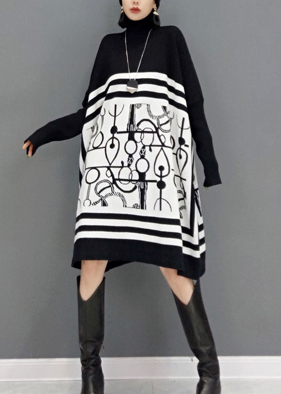 Diy White Turtle Neck Print Knit Long Dresses Spring