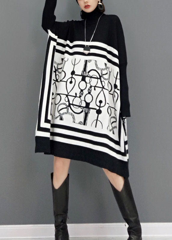 Diy White Turtle Neck Print Knit Long Dresses Spring