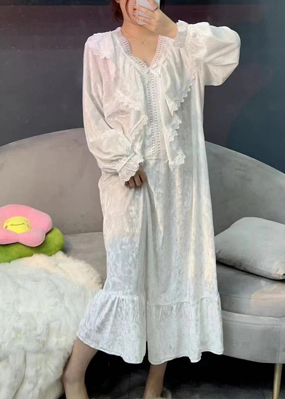 Diy White V Neck Lace Patchwork Silk Velvet Maxi Dresses Spring