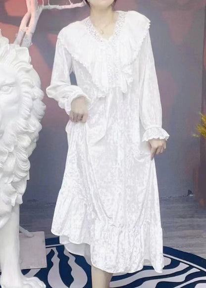 Diy White V Neck Lace Patchwork Silk Velvet Maxi Dresses Spring