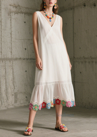 Diy White V Neck Patchwork Lace Chiffon Maxi Dresses Sleeveless
