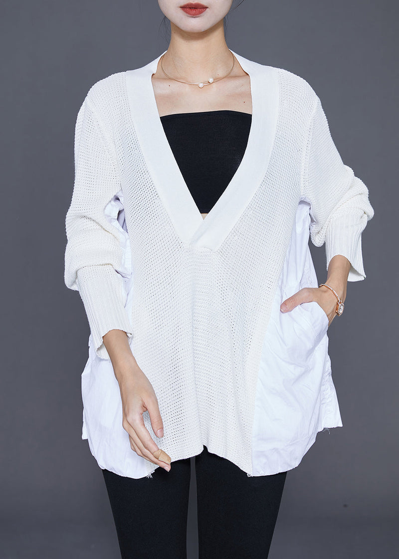 Diy White V Neck Patchwork Wrinkled Knit Top Fall