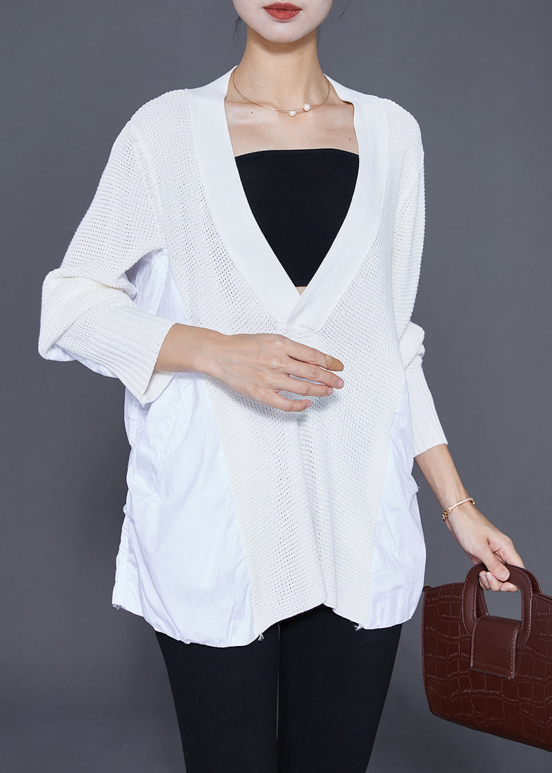Diy White V Neck Patchwork Wrinkled Knit Top Fall