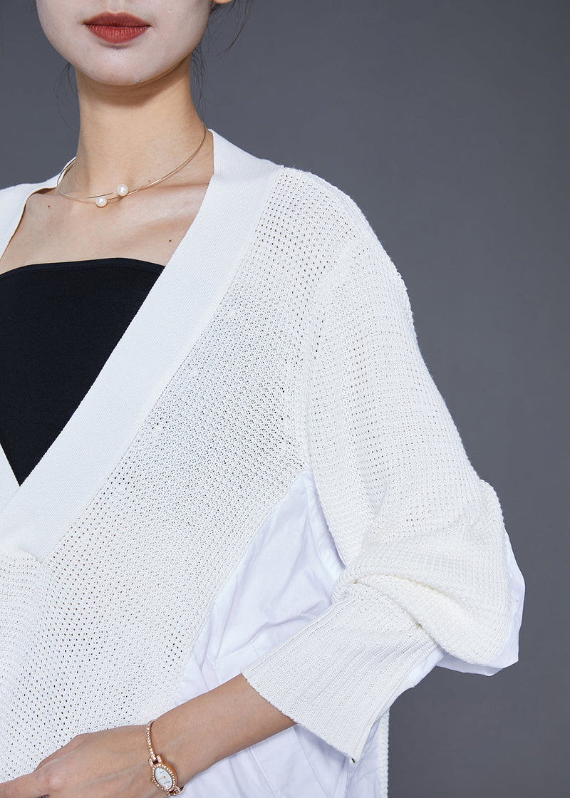 Diy White V Neck Patchwork Wrinkled Knit Top Fall