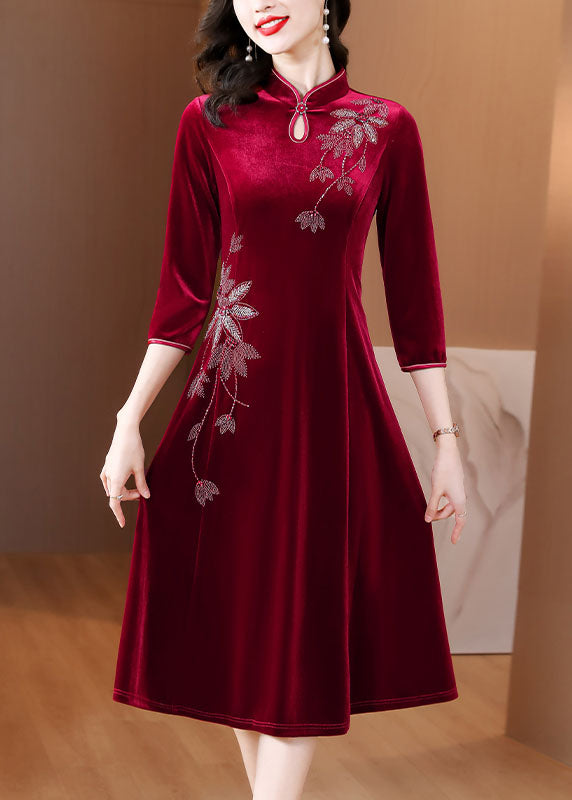 Diy Wine Red Embroidered Slim Silk Velour Long Dress Fall