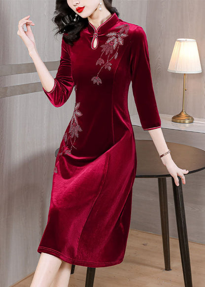 Diy Wine Red Embroidered Slim Silk Velour Long Dress Fall