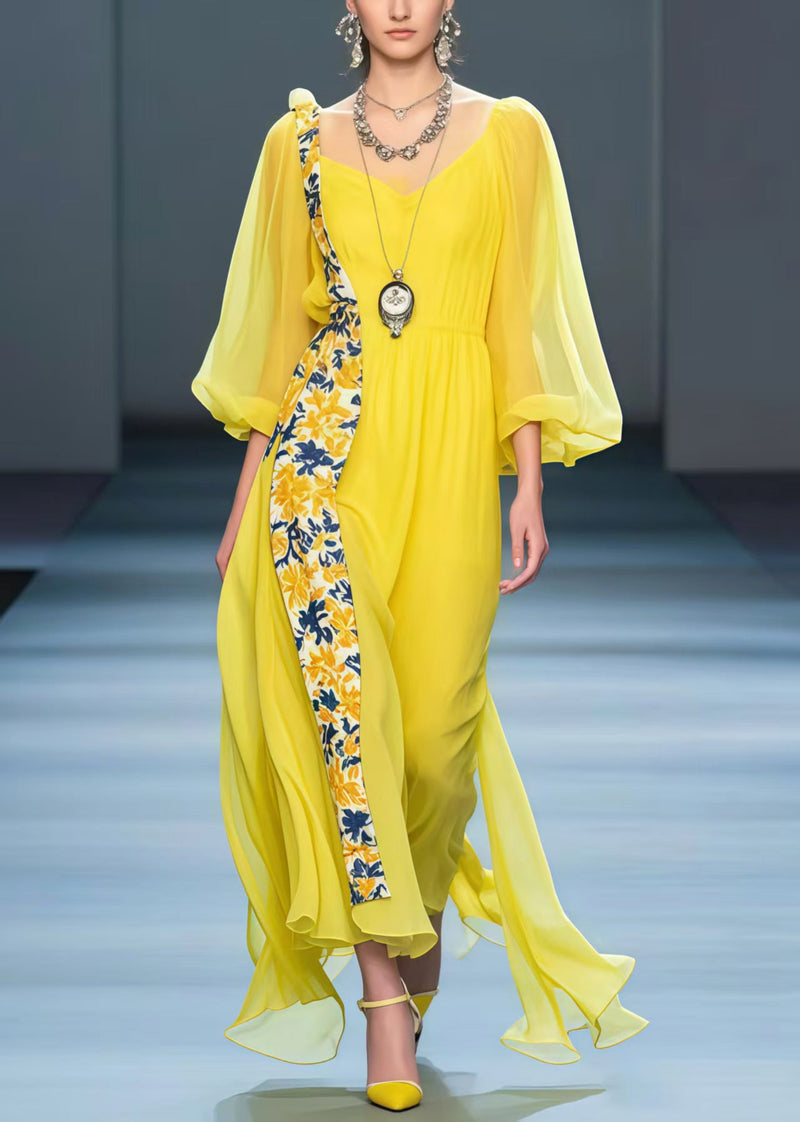 Diy Yellow Asymmetrical Patchwork Chiffon Long Dresses Spring