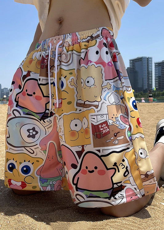 Diy Yellow Character Elastic Waist Ice Silk Shorts Summer