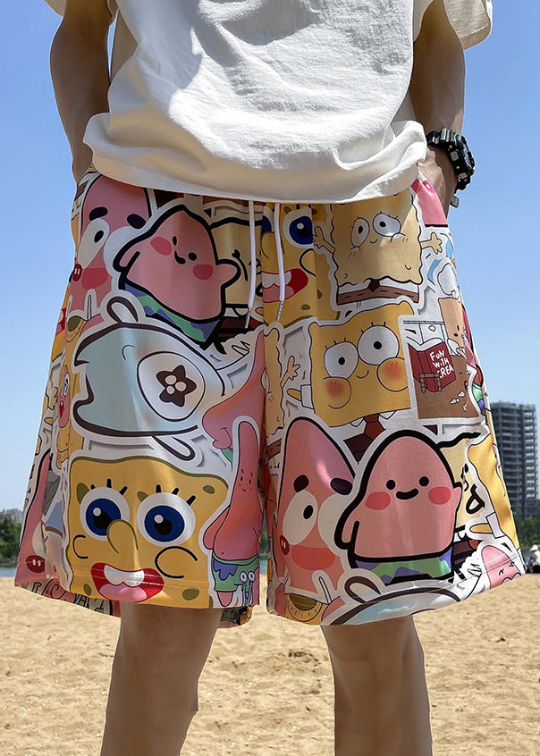 Diy Yellow Character Elastic Waist Ice Silk Shorts Summer