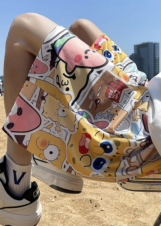 Diy Yellow Character Elastic Waist Ice Silk Shorts Summer