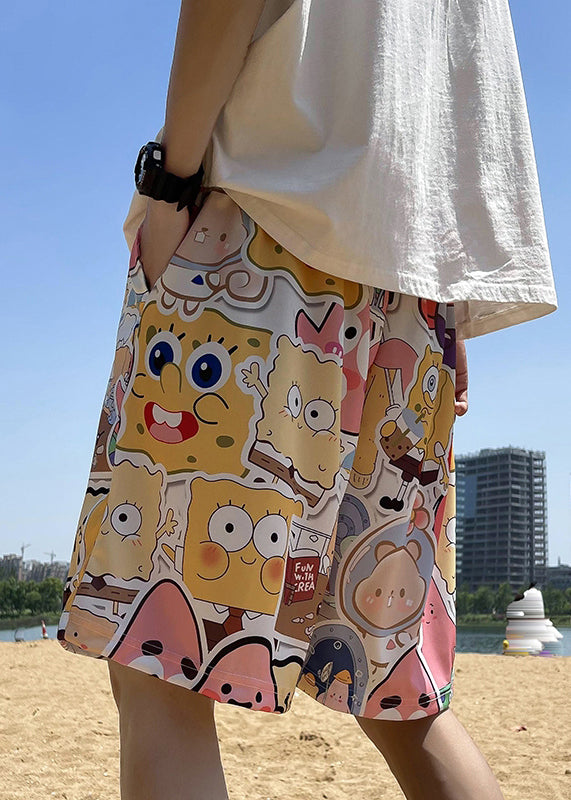 Diy Yellow Character Elastic Waist Ice Silk Shorts Summer