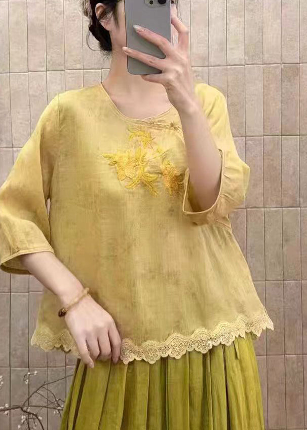 Diy Yellow Embroidered Patchwork Lace Oriental Tops Summer