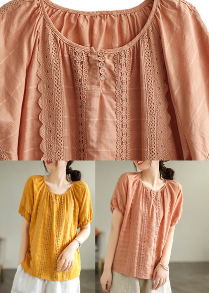 Diy Yellow Lace Patchwork Cotton Shirts Short Sleeve