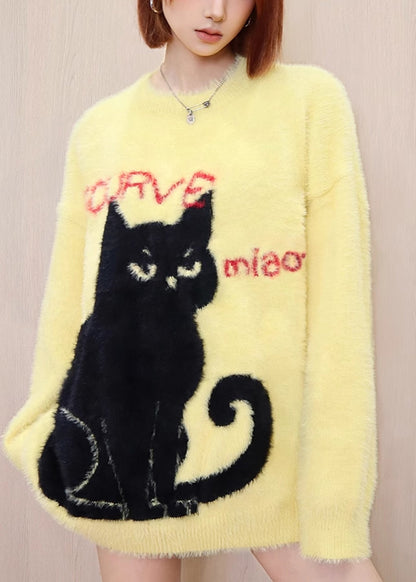 Diy Yellow O Neck Animal Mink Hair Knitted Sweater Tops Spring