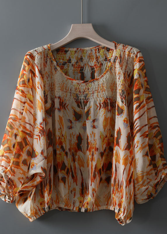 Diy Yellow O Neck Print Patchwork Chiffon Top Spring