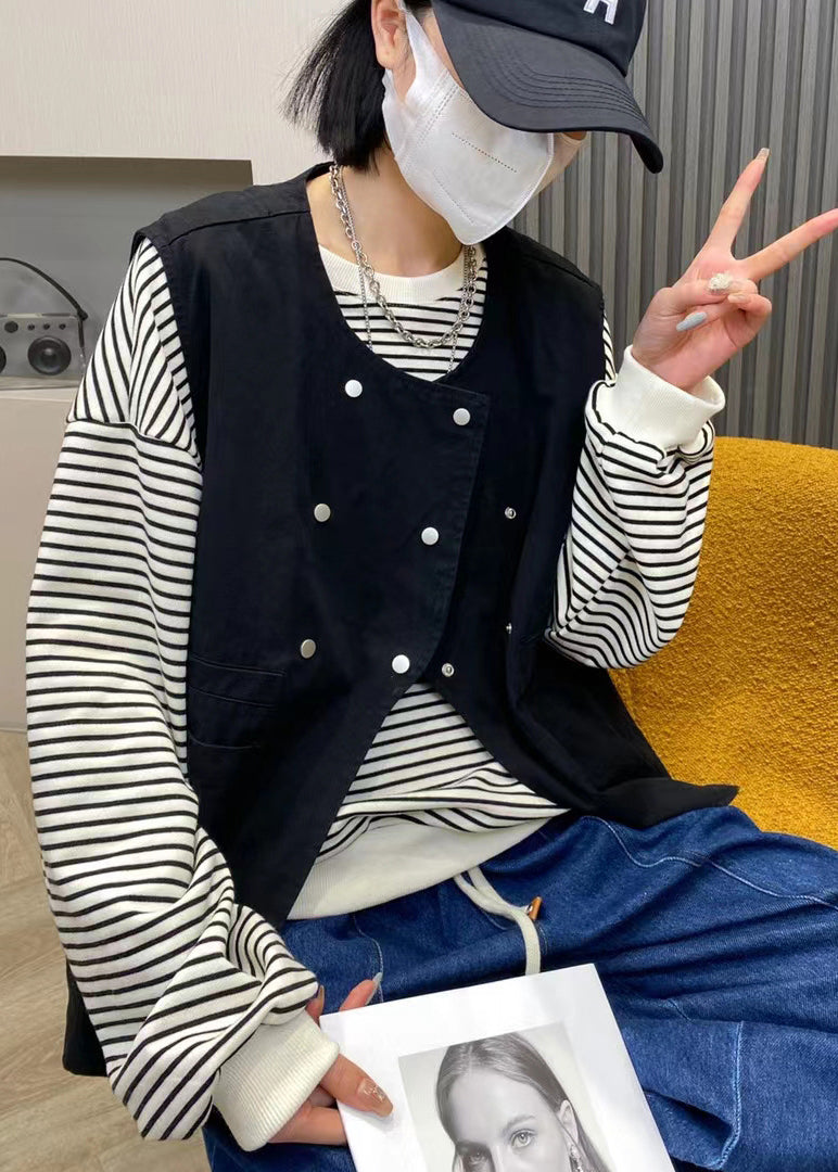 Diy Yellow O-neck Double Breast Pockets Asymmetrical Design Cotton Vest Spring
