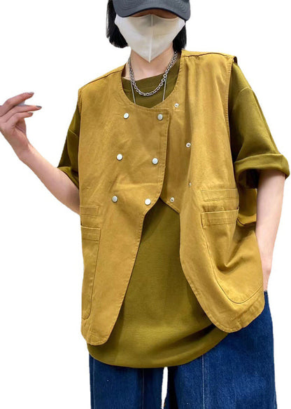 Diy Yellow O-neck Double Breast Pockets Asymmetrical Design Cotton Vest Spring
