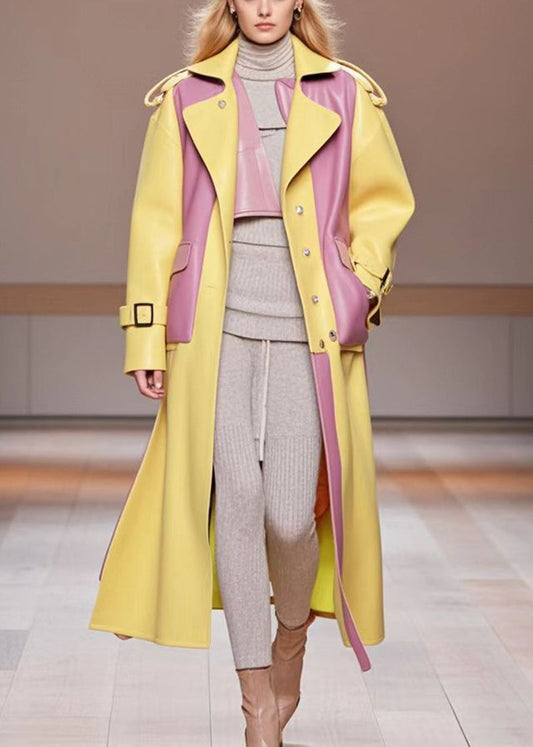 Diy Yellow Oversized Patchwork Pockets Faux Leather Coats Fall