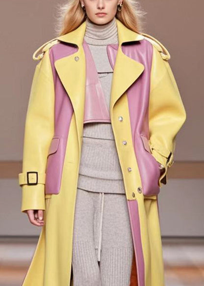 Diy Yellow Oversized Patchwork Pockets Faux Leather Coats Fall
