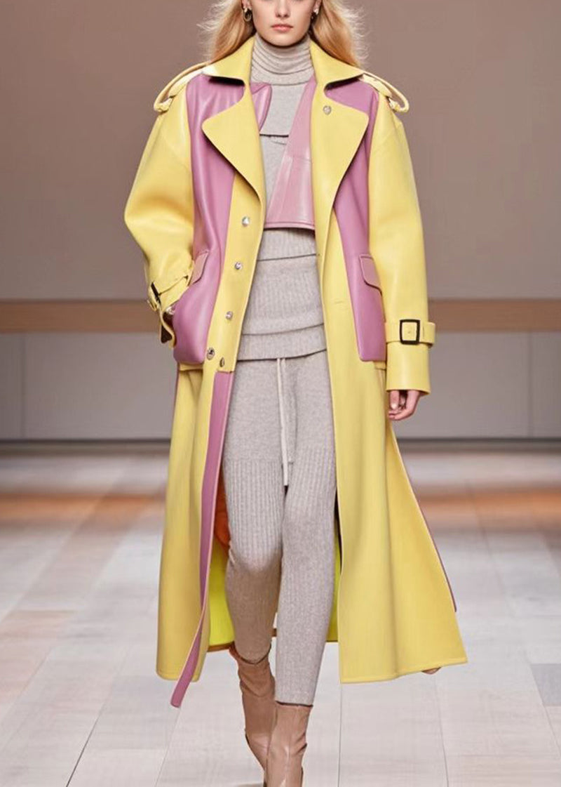 Diy Yellow Oversized Patchwork Pockets Faux Leather Coats Fall