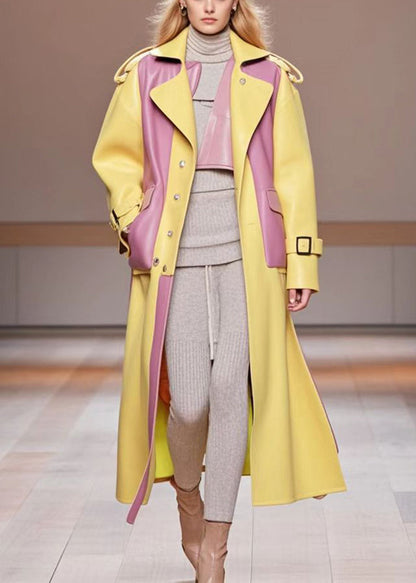 Diy Yellow Oversized Patchwork Pockets Faux Leather Coats Fall