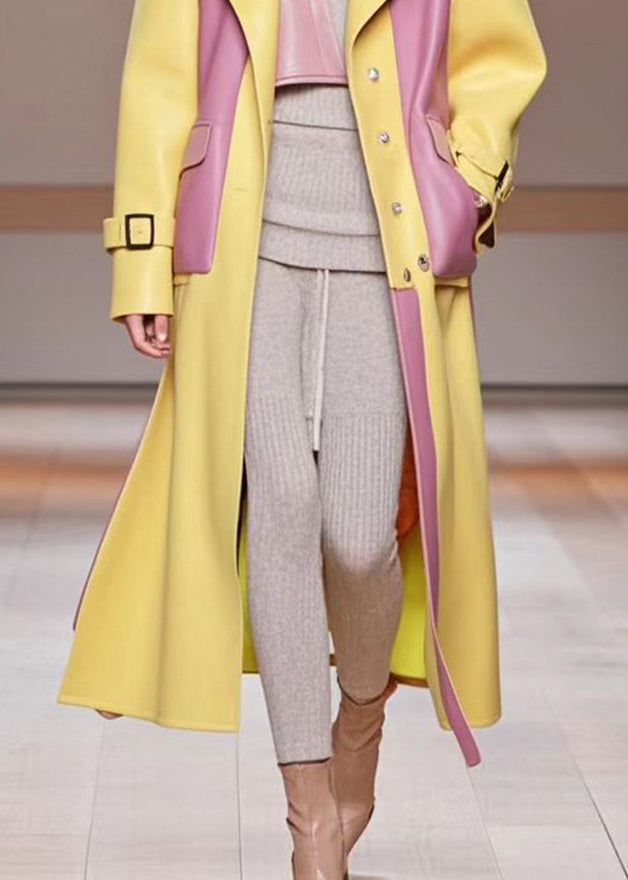 Diy Yellow Oversized Patchwork Pockets Faux Leather Coats Fall