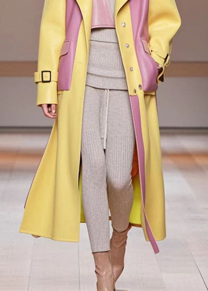 Diy Yellow Oversized Patchwork Pockets Faux Leather Coats Fall