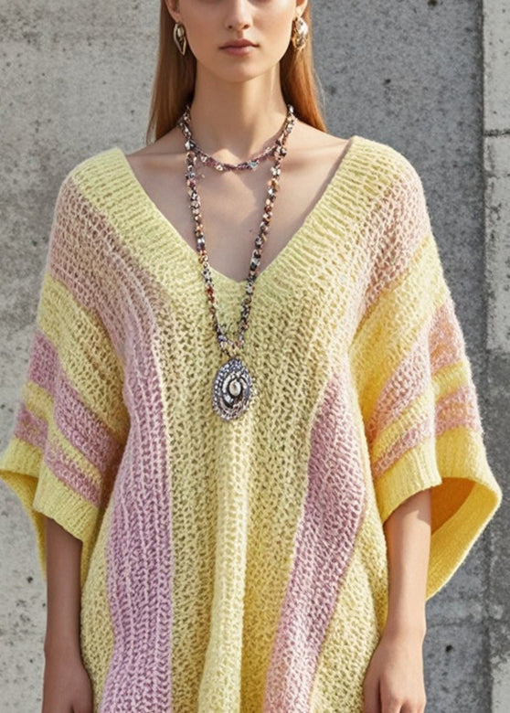 Diy Yellow Oversized Patchwork Tulle Knit Dress Batwing Sleeve