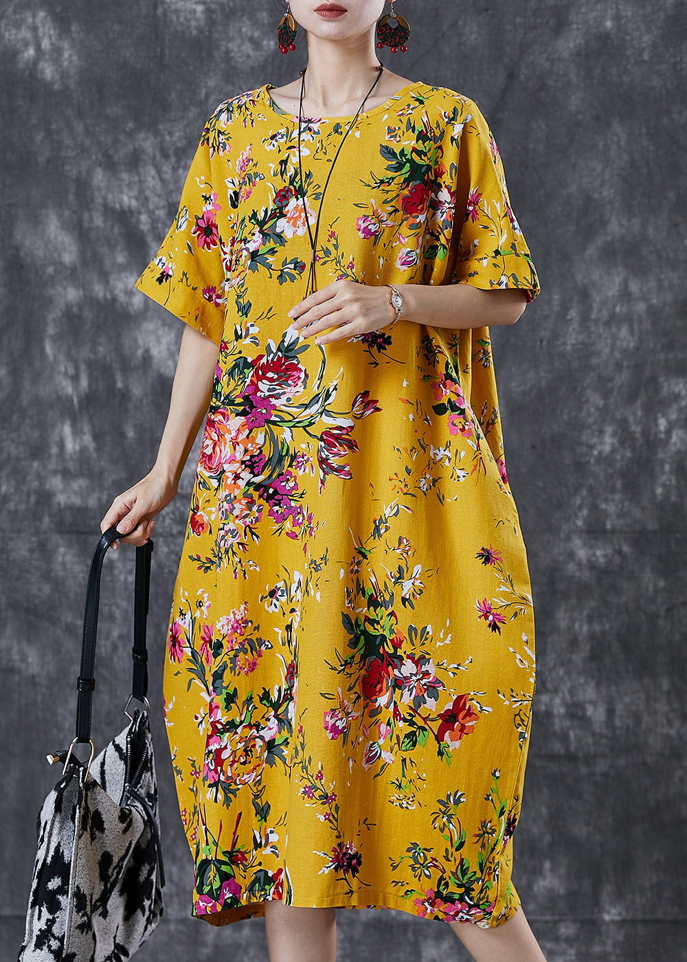Diy Yellow Oversized Print Cotton Maxi Dresses Summer