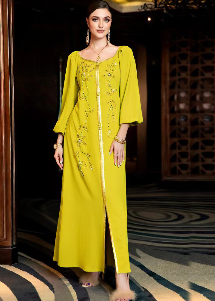 Diy Yellow Patchwork Beaded Light Silk Dress Fall