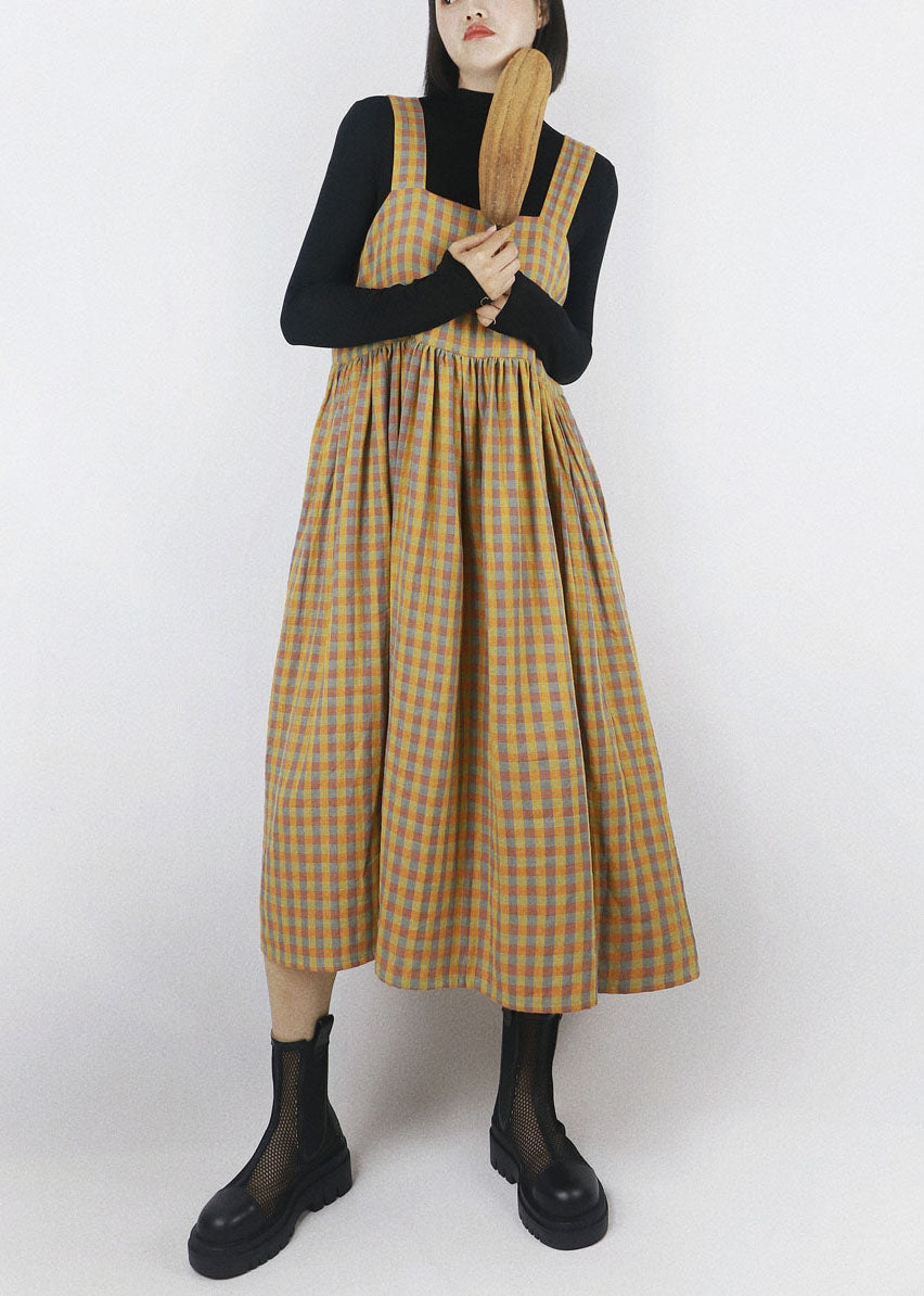 Diy Yellow Plaid Patchwork Wrinkled Wear on Both Sides Cotton Vacation Strap Dresses Summer