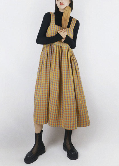 Diy Yellow Plaid Patchwork Wrinkled Wear on Both Sides Cotton Vacation Strap Dresses Summer