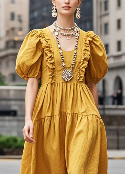 Diy Yellow Puff Sleeve Ruffled Cotton Long Dress