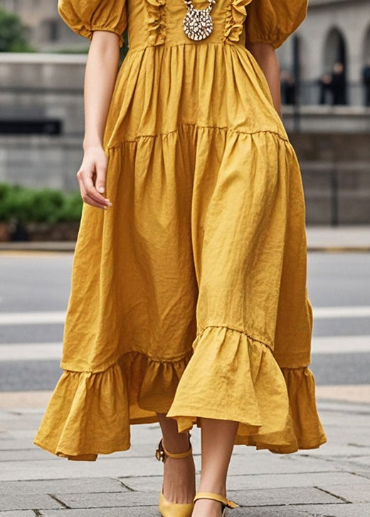 Diy Yellow Puff Sleeve Ruffled Cotton Long Dress