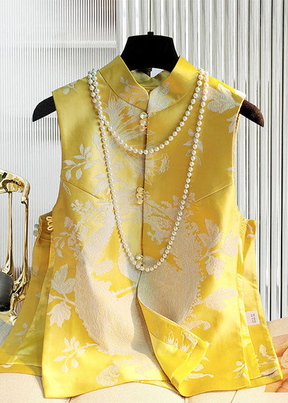 Diy Yellow Stand Collar Button Side Open Jacquard Satin Vest Spring