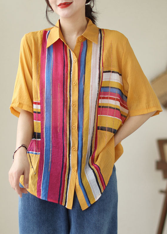 Diy Yellow Striped Zircon Patchwork Cotton Shirts Tops Summer