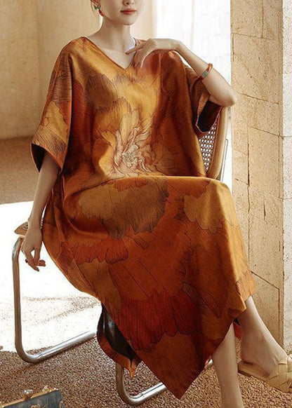 Diy Yellow V Neck Print Side Open Patchwork Silk Dress Summer