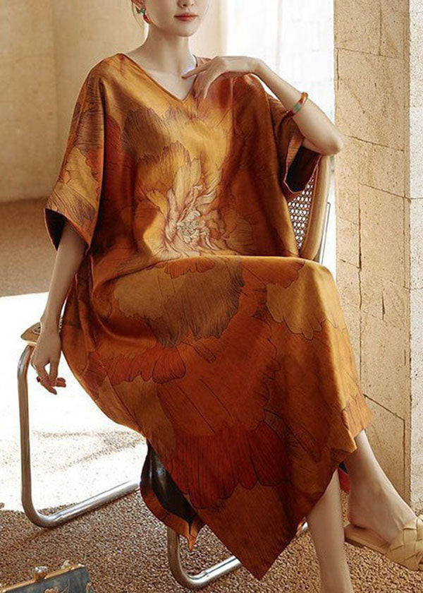 Diy Yellow V Neck Print Side Open Patchwork Silk Dress Summer