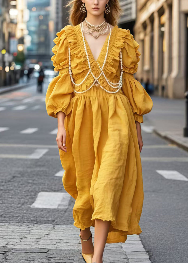 Diy Yellow V Neck Wrinkled Nail Bead Vacation Dresses Spring
