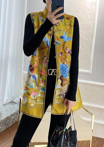 Diy Yellow Retro Print Side Open Button Fall Sleeveless Vest