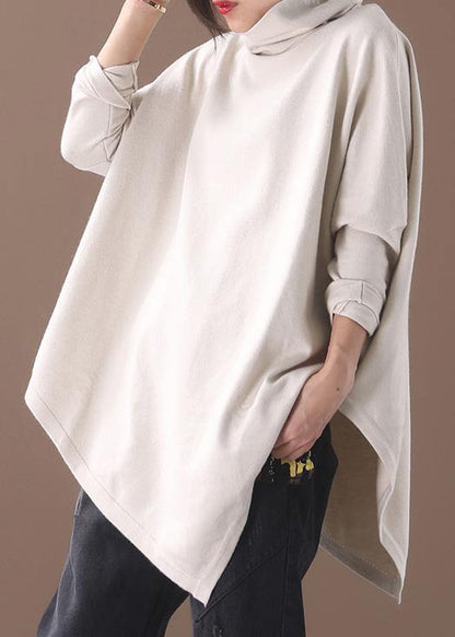 Diy Asymmetric Hem Cotton High Neck Blouses for Fabrics Beige White Tops