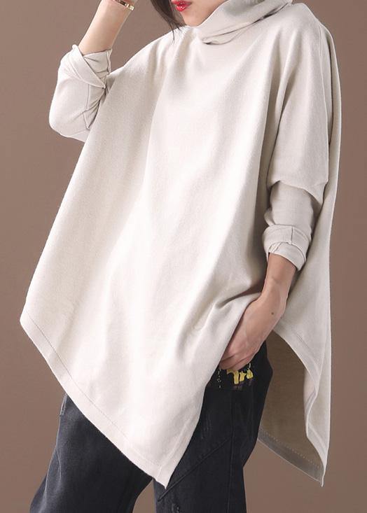 Diy Asymmetric Hem Cotton High Neck Blouses for Fabrics Beige White Tops